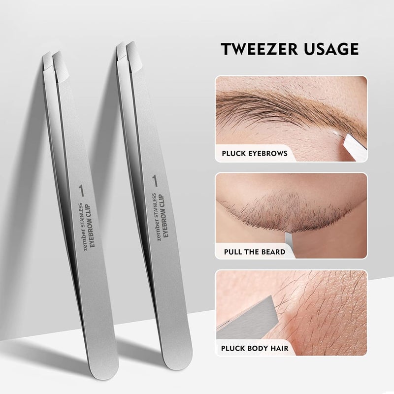 ZERNBER Flat and Slant Tip Tweezers of 2 Pack, Stainless Steel Precision Tweezer for Women Eyebrow & Hair Removal - Image 2